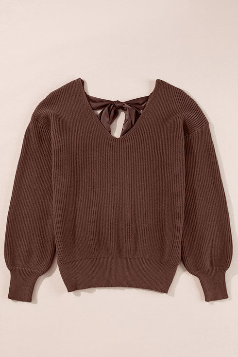 V Neck Lantern Sleeve Knot Back Sweater